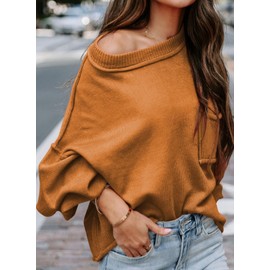 EVALESS Plus Size Sweater for Women Crewneck Lantern Sleeve Ribbed Sweaters Casual Chunky Cable Pullover Knitwear Tops Winter Clothes Orange 2X