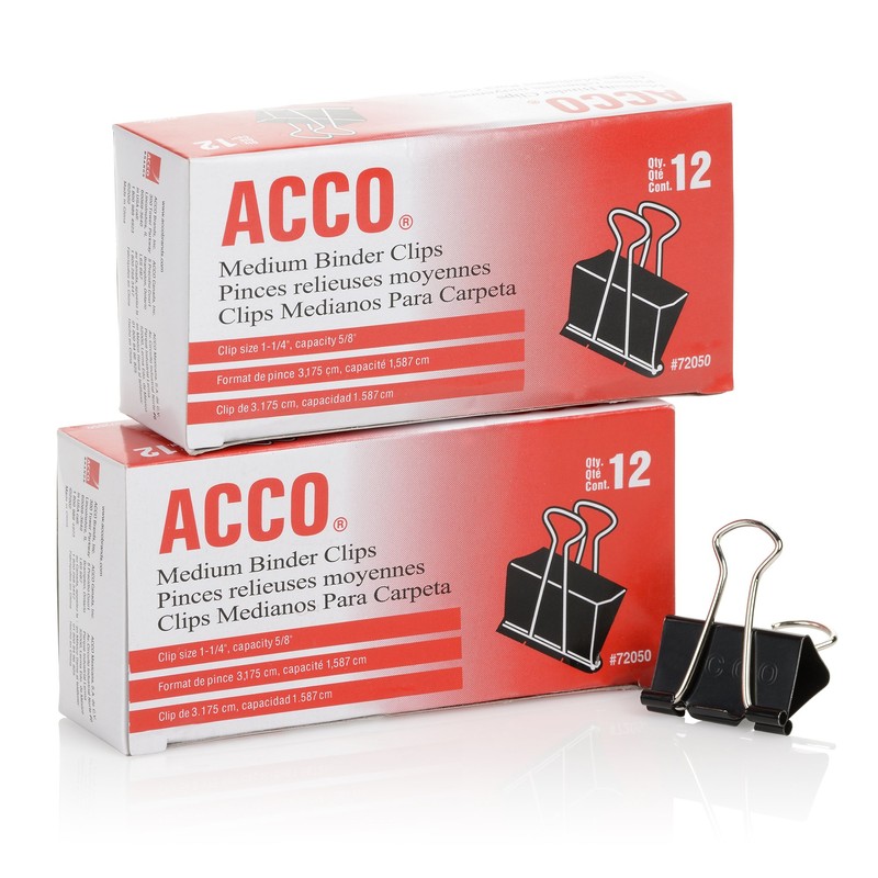 ACCO Binder Clips, Medium, Black, 12 per Box, 2 Boxes