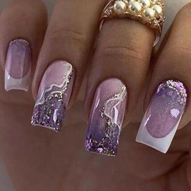 Press on Nails Square Medium French Tips Glossy Full Cover Acrylic Square False Nails with Purple Glitter Designs Artificial Short Coffin Fake Nails Glue Stick on Fingernails for Women Girls