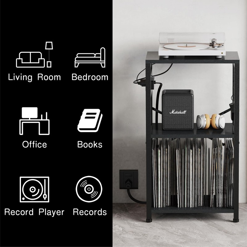 YAKANJ End Table with LED Light,Record Player Stand with Charging