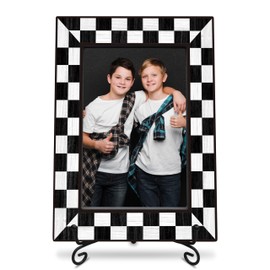 Nuckxy wooden frame with black metal stand - checkerboard theme - wooden frame for 4"x 6" vertical picture, birthday gift, classic photo frame, gift and decorations (A07)