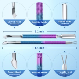 2PCS Metal Blue Purple Mermaid Cuticle Pusher and Cutter Remover Salon Stainless Steel Gel Nail Polish Peeler Scraper Durable Professional Manicure Pedicure Cleaner Tool For Fingernail and Toenail