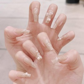 CATKIN Press On Nail Fasle Nail with design 24pcs Full Cover Reusable Acrylic Nails Artificial Nails for Women girls Long Square Decoration Fake Nails White Pearl