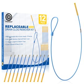 Drainsoon Replaceable Drain Snake Hair Clog Remover 12 Pack, 30 Inch Anti-break Metal Sink Snake with Nylon Layer, Plumbing Snake Drain Cleaner for Bathroom, Bathtub Cleaning, 12 Heads & 1 Handle