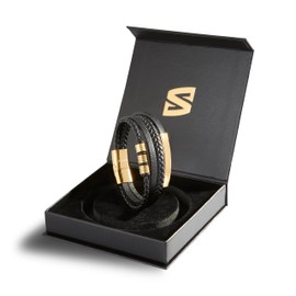 SERASAR Men's Bracelets 20cm Gold Gift Box Genuine Cowhide Leather Braided Adjustable Magnetic Clasp Multilayer Jewelry Rope Male Band Accessories