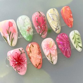 24Pcs Flower Press on Nails Medium Almond, 3D Handmade Blush French Tip Fake Nails, Colorful Butterfly Floral Design False Nails in 12 Sizes, Spring Summer Acrylic Full Cover Stick on Nail for Women
