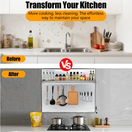 GarveeTech 29.5"x29.5" Stainless Steel Range Backsplash for Stove Hood - Wall Mount Kitchen Back Panel with Storage Shelf & Knife Rack - Install with Pre-Drilled Holes - Commercial Backsplash Shield