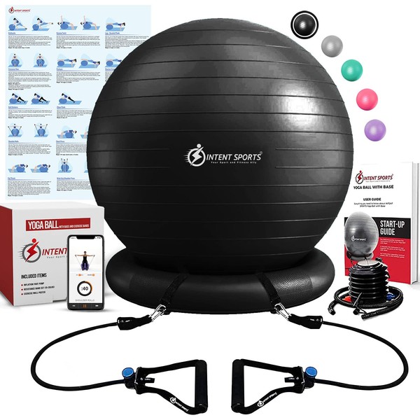 INTENT SPORTS Yoga Ball Chair – Stability Ball with Inflatable Stability Base & Resistance Bands, Fitness Ball for Home Gym, Office, Improves Back Pain, Core, Posture & Balance (65 cm)(Black)