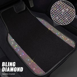 CAR PASS Bling Diamond Leather Steering Wheel Cover 14.5in-15in Floor Mats Shining Rhinestone Carpet Sparkly Glitter Crystal Anti-Slip Pad Fit Automotive SUV Pickup Truck Girl Women, 5pcs Multicolor