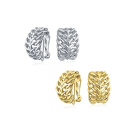 Set of Two Fashion Open Weave Cable Leaf Feather Wide Half Hoop Clip On Earrings For Women Non Pierced Ears Silver Gold Plated Brass
