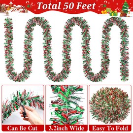 50Ft Christmas Red Green and Silver Tinsel Garland Metallic Twist Shiny Christmas Garland for Xmas Christmas Tree Ceiling Hanging Decorations Holiday Wedding Home Party Supplies Indoor Outdoor Decor