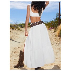 SHENHE Women's Summer Low Rise Maxi Skirt High Slit Ruffle Hem Flowy Boho Long Skirt White Small