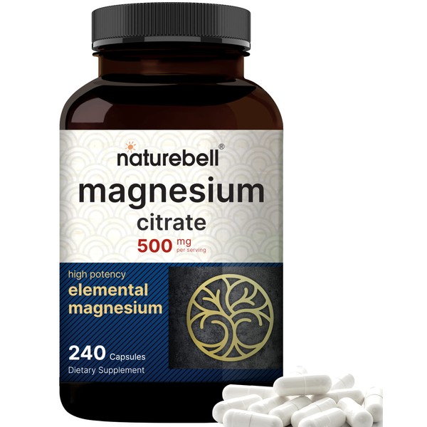 NatureBell Magnesium Citrate 500mg, 240 Capsules | High-Purity Elemental Form