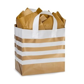 NWP Metallic Gold Stripes Plastic Gift Bags - Hobo Size - 10in. X 6in. X 10in. - 100 Pack