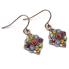 Rhombus Earrings with Multi-Color Rhinestones Crystals on Antique Gold Color Nickel Free Hooks : 33mm long, Rhombus Shape Drop Earrings, Gift for Women