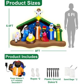 8 Ft Long 5.5 Ft Tall Christmas Inflatables African American Black Nativity Scene Set Outdoor Decorations with Angel, Built-in LED Light Blow Up Black Jesus Manger Set Xmas Inflatable Decor Yard Lawn