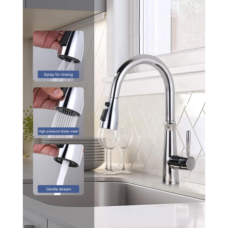 Metal Kitchen Faucet Head Replacement: 3-Function Pull Down Spray Nozzle