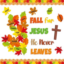 BeYumi 94Pcs Fall for Jesus He Never Leaves Christian Bulletin Board Set Autumn Maple Leaves Name Tags Cutout Boarders Trim Thanksgiving Faith Religious Classroom Sunday School Church Chalkboard Decor