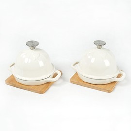 HAWOK Enameled Cast Iron Garlic Roaster with Bamboo Tray, 5-Inch, BBQ Grill Garlic Baker, Mini Cocotte, Set of 2, Oyster White