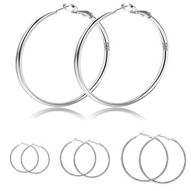 Silver Hoops Earrings for Women, 4 Pairs S925 Silver Thin Hoop Earrings Set, Hypoallergenic Oversize Earrings Jewelry for Women Girls Birthday(Size: 30/40/50/60mm)