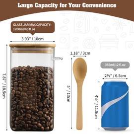 Glass Square Storage Jar with Bamboo Lids Spoons Glass Coffee Canister 40 Oz (1200 mL) Borosilicate Glass Food Container for Coffee Beans Nut Pasta Sugar Candy Spice Rice Loose Tea