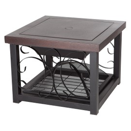Fire Sense Hammer Tone Bronze Finish Cocktail Table Fire Pit | Wood Burning | Steel Mesh Spark Screen, Wood Grate, and Screen Lift Tool Included | Square Steel Fire Pit with Log Storage Rack |