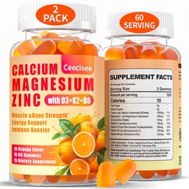 Calcium Magnesium Zinc Gummies with D3 &B6 &K2,1000mg Calcium Gummies with 300mg Magnesium Support Immune Energy for Adults and Teens,Sugar Free(120Count)