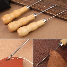 LYQNIHOB High Quality Wooden Handle Awl Set 3 Pieces Leather Puncture Tool DIY Leather Craft Sewing Repair Curved Tool and Hole Punch for Precise Work