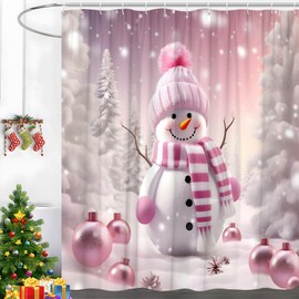 SATRTUD Christmas Snowman Shower Curtain Winter Pink Snowman Dreamy Snow Forest Pine Tree Xmas Balls Snowflake Farmhouse Cartoon Boys Girls Happy New Year Polyester Fabric Bathroom Curtain with Hooks