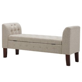 Changjie Furniture Modern Fabric Storage Bench with Arms Upholstered Tufted Footstool Ottoman Bench for Living Room Bedroom Tan