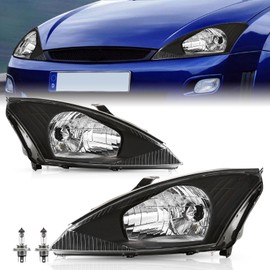 TUSDAR Headlight Assembly Set for 2000-2004 Ford Focus Factory Style Headlamp Chrome Housing with Clear Reflector (Driver & Passenger Side)