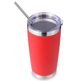 Volhoply Vaso de Acero Inoxidable de 20oz con Tapa y Pajita,590ml Taza de Café Helado de Viaje con Doble Pared Aislante Apta para Portavasos de Coche, Bebidas Frías y Calientes(Rojo,1 Paquete)