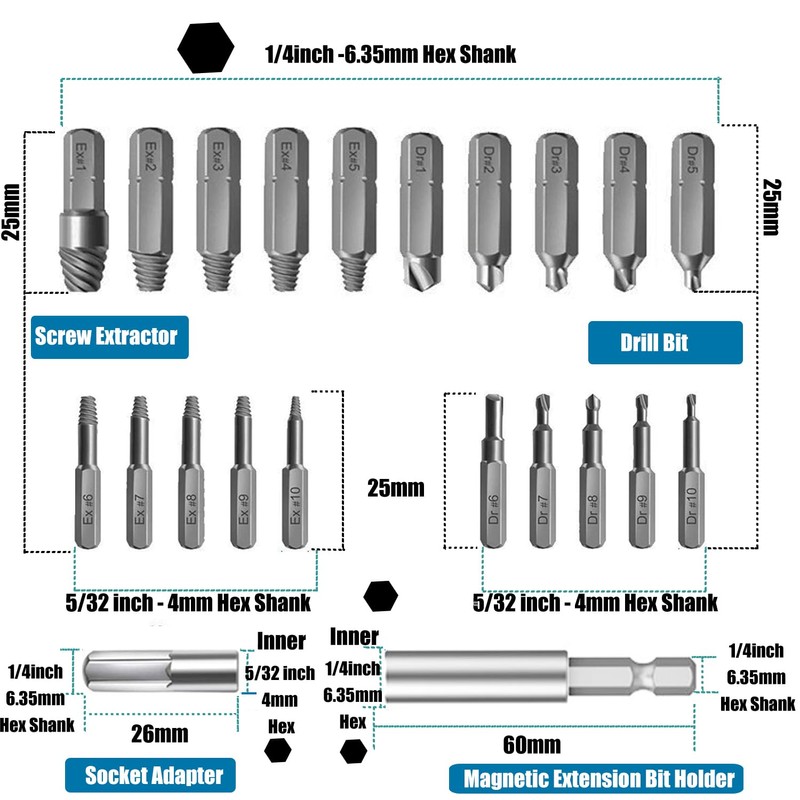 Treki Mini Screw Extractor Drill Bit Set, 22 PCS Small