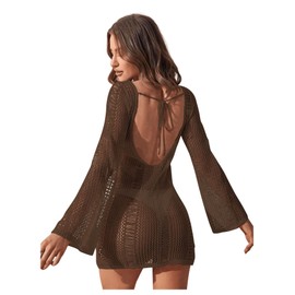 Floerns Women's Crochet Cover Up Long Sleeve Hollow Out Bikini Swimsuit Beach Cover Up Swimwear Brown Small