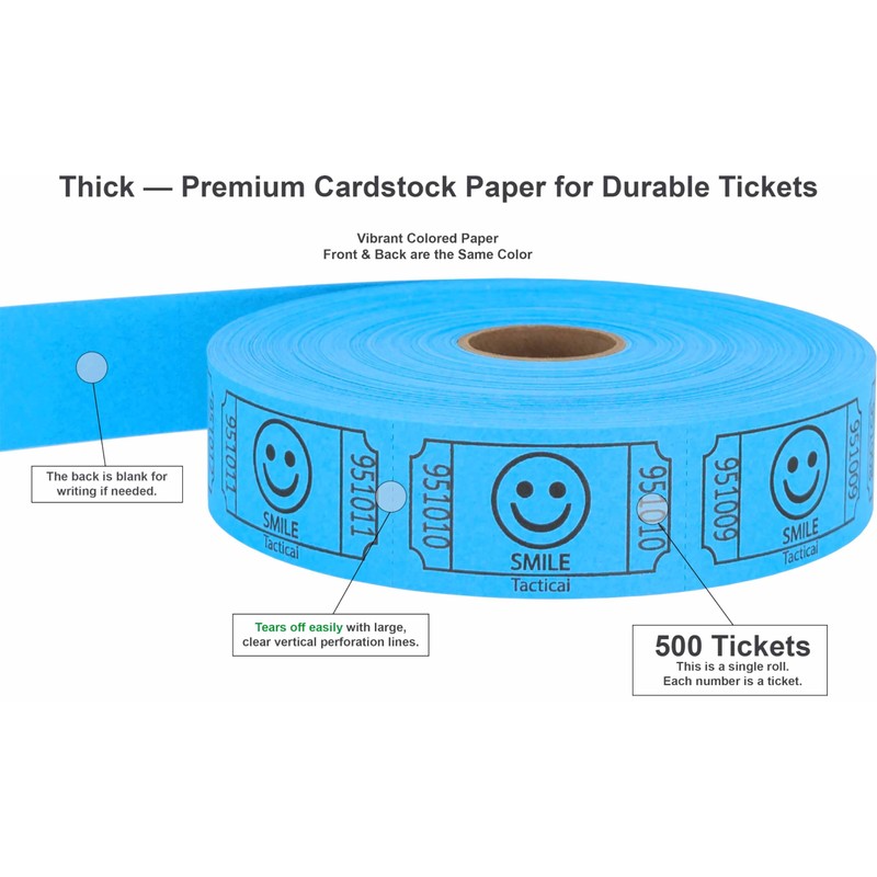 Tacticai 500 Raffle Tickets, Smile, Blue (8 Color Selection), Single