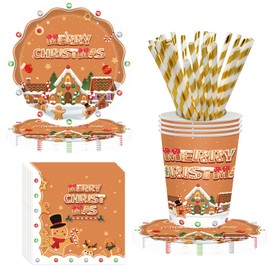 48Pcs Christmas Disposable Dinnerware Set, 12 Guests 9 Inch Christmas Gingerbread Ornament Disposable Christmas Plates Cups Napkins Straw Christmas Party Tableware Gingerbread Decoration for Christmas