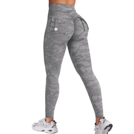 YEOREO Leggings with Pockets for Women Charm Scrunch Workout Leggings V Cross Waist Butt Lifting Gym Yoga Pants Grey Camo S