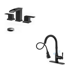 HOIGY Waterfall Bathroom Faucet Set and Kitchen Faucet with Pull Down Sprayer, 3-Function Pull Out Kitchen Sink Faucets, Single Handle High Arc Faucet for Kitchen Sink, Black
