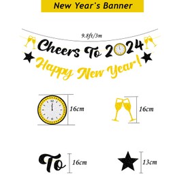 Elicola Happy New Year with Cheers to 2024 Banner Bunting New Year Eve Black Gold Glitter Backdrop for Party Decorations