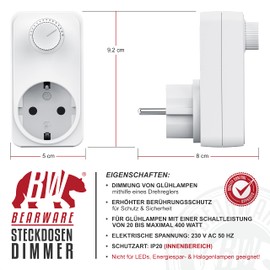 CSL - Dimmer Switch with Rotary Control - from 20 to 400 Watt - Universal Dimmer for Socket - Only for Incandescent Bulbs - Brightness Control - for Table Lamps Floor Lamps