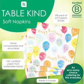 Table Kind Paper Personal Care "Happy Birthday" high-quality, smiley face, balloon personal care products for parties, catering, eco-friendly, disposable personal care products, compostable, sustainable, recyclable.