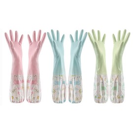 Refoiner Rubber Gloves, Kitchen, Long, 3-Piece Set, Fashionable, Cute, Patterned, Dishwashing, Cooking Gloves, For Work Use, Rubber Gloves for Cooking/Cleaning, Multi-purpose, Thick, Waterproof, Cold Protection, Long Sleeve, Car Wash Gloves, Washing Gloves, Thermal Rubber Gloves, Gardening Gloves, Large, Single Layer Beam Opening
