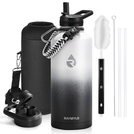 RAYMYLO Insulated Water Bottle 87 oz, Triple Wall Vacuum Stainless Steel (Cold for 48 Hrs), Leak Proof & Non-BPA, Modern Water Flask Jug with Paracord Handle & Straw Spout Lids, Ombre: White/Black