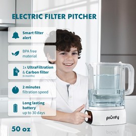 Piurify Countertop Electric Water Filter Pitcher with 6-Month UltraFiltration - Fast 2-Min Filtration, Removes 99% Lead, PFAS, Mercury & Chlorine - BPA Free, 50oz Capacity