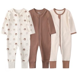 O2 BABY Organic Cotton Baby Footless Pajamas, Zip Front Baby Boys Girls Romper, Long Sleeve Sleep and Play (0-3 Months, Bear&Oatmeal&Brown)