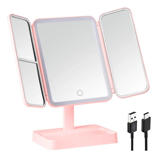 Espejo Maquillaje Luz Tríptica Aumentos 3x/2x Carga Usb/bat