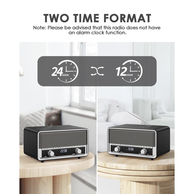 Vintage Wood AM FM Clock Radio with Bluetooth, Digital Clock