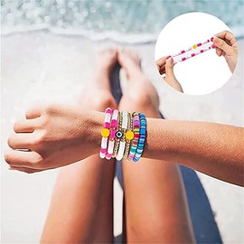 Heishi Surfer Bracelets Set,Colorful Preppy Bracelet Smile Heart Star Stretch Beaded Bracelets Evil Eye Beaded Bracelets Stackable Boho Y2K Pearl Bracelets Set Clay Polymer Bead Aesthetic Bracelets Summer Beach Layering Bracelet Jewelry for Women Girls (