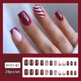 Red Christmas Press on Nails Short, LPOODDNU Square Christmas Fake Nails Wine Red French Tip Designs False Nails Full Cover Christmas Glue on Nails for Women Christmas Nail Decorations, 24 Pcs