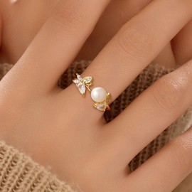 AAVOEIN Butterfly Bow Ring for Women 925 Sterling Silver Cute Cubic Zirconia Butterfly Pearl Rings 14K Gold Plated Boho Stackable Statement Ring Adjustable Christmas Birthday Jewelry Gifts to Daughter (Gold, Butterfly pearl ring)